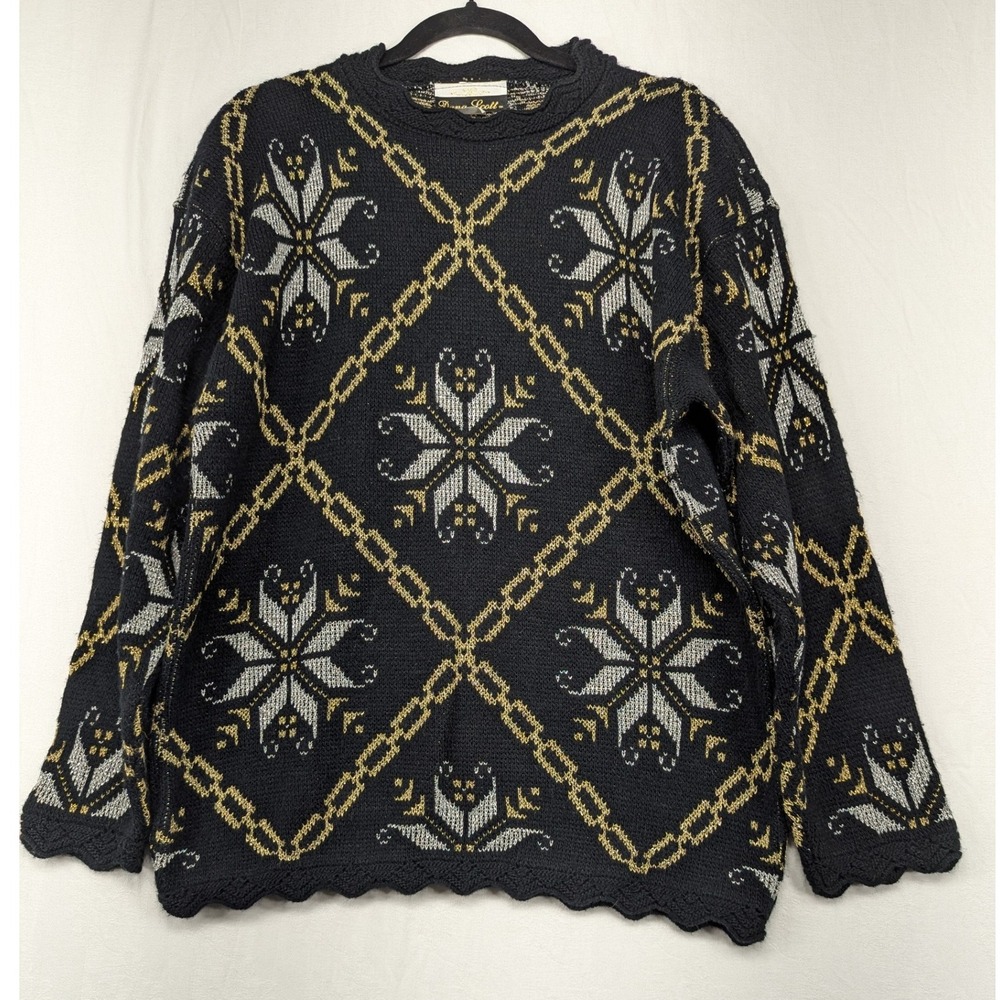 Dana Scott Sweater Large Black Gold Silver Fair Isle Snowflake Holiday Pullover